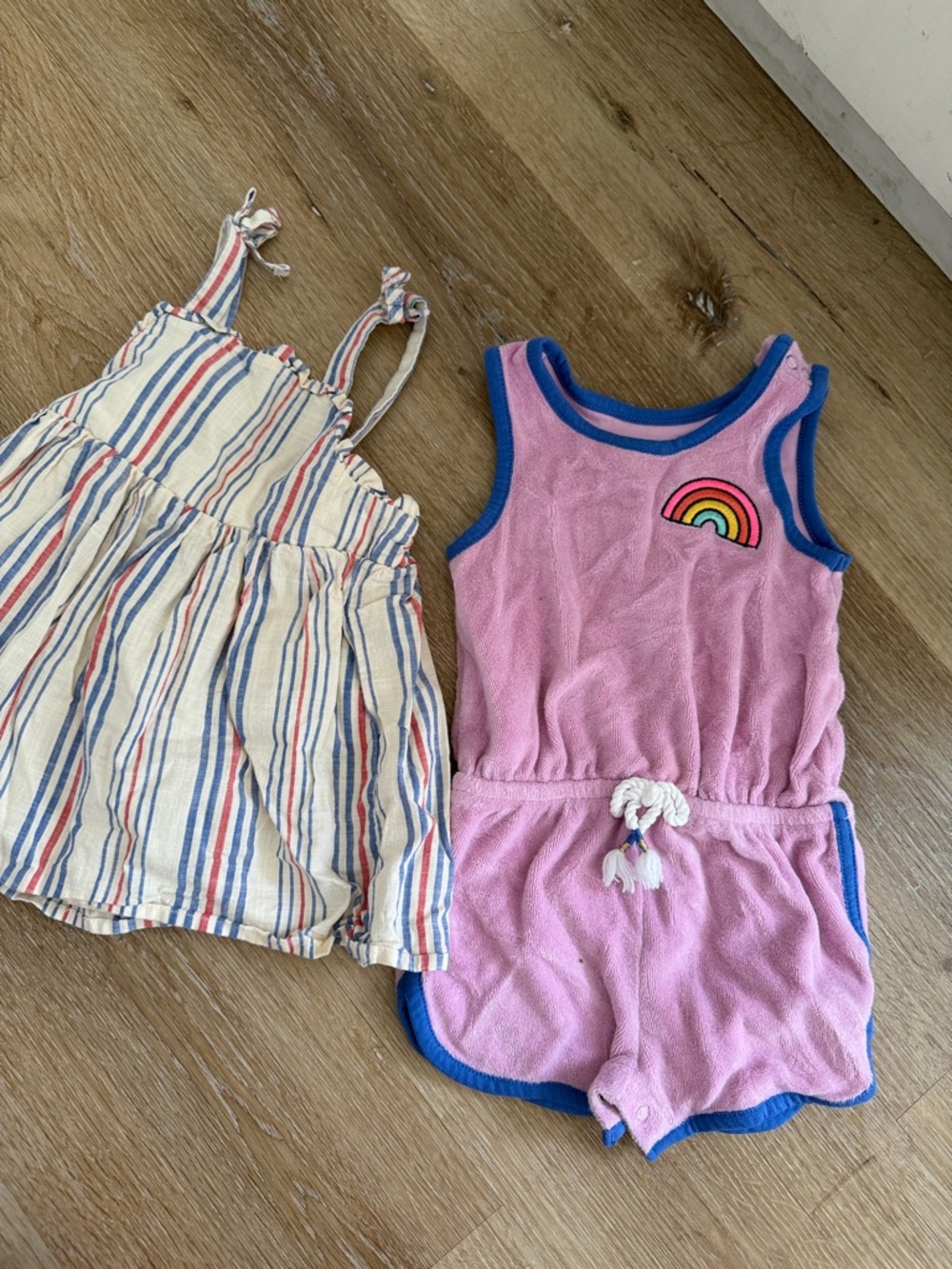 Cat & Jack Pink Terry Romper with Rainbow Patch and cute 4th of July tank